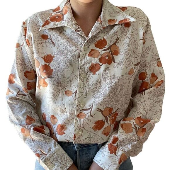 Vintage 1970s Womens Orange Floral Tulip Mid Mod Disco Collar Retro Blouse Sz M - Picture 3 of 7